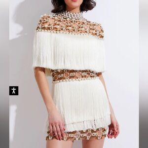 PATBO 
HAND-BEADED PEARL AND FRINGE MINI DRESS (RUNWAY)